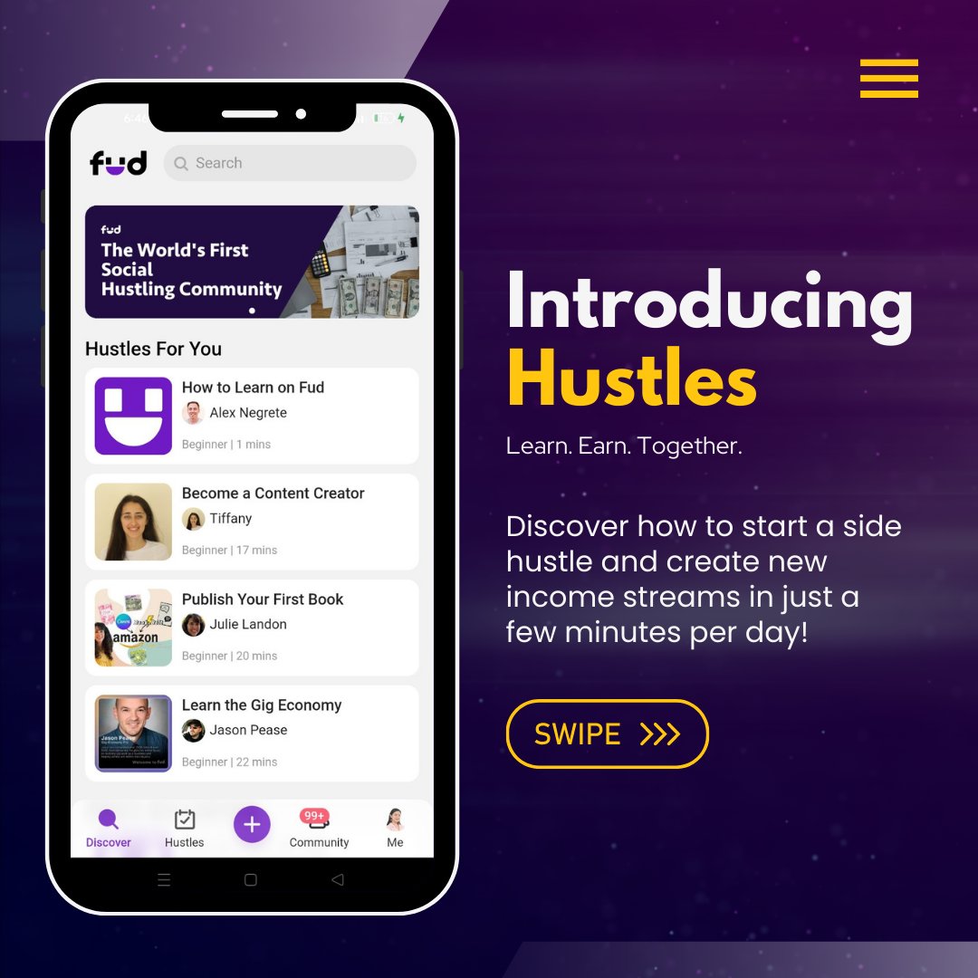 JoinFud's tweet photo. 📈 Ready to level up your income? Introducing #Hustles.

Hustles are all about learning, earning, and growing together.

Say goodbye to dull courses and hello to a fun and easy step-by-step system that will help you start making money on the side.

#JoinFud #SideHustles https://t.co/rxxc5nCpWR