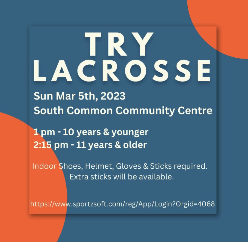 MississaugaLax's tweet photo. Hi everyone - our next Try Lacrosse session is Sun Mar 5th!  You must register prior to attending. https://t.co/y0ynUTXmXh