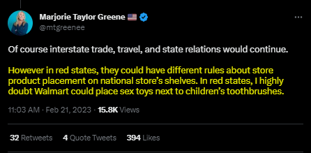 soplam12's tweet photo. Marjory Taylor Greene dans son rêve de sécession des états républicains statue que les Wallmart ne pourront plus placer des dildos près des brosses à dent pour les zinfints. Mais des guns dans le même coins que des kayaks, pas de trouble 
#maillette https://t.co/OG3NujKysQ