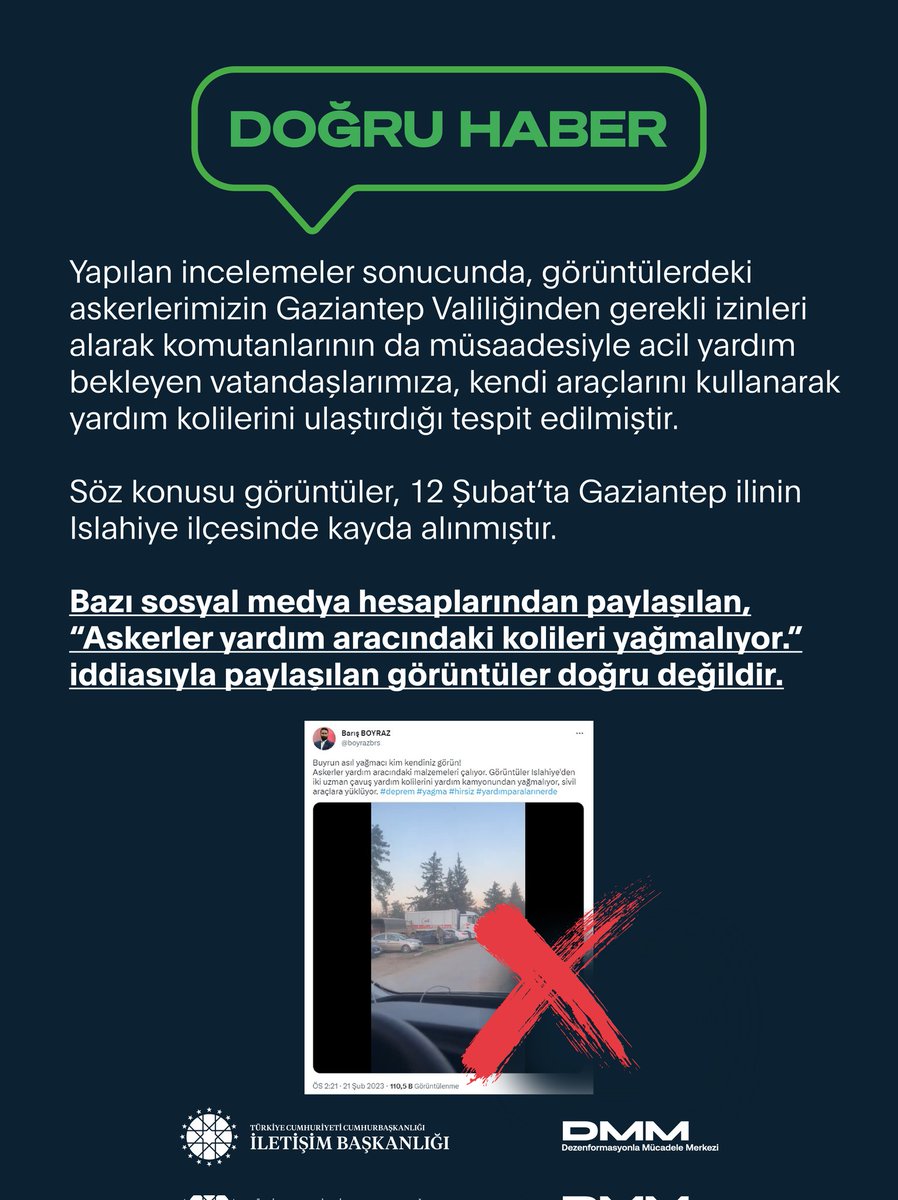 📌Bazı sosyal medya hesaplarından paylaşılan, “Askerler yardım aracındaki kolileri yağmalıyor.” iddiasıyla paylaşılan görüntüler doğru değildir.