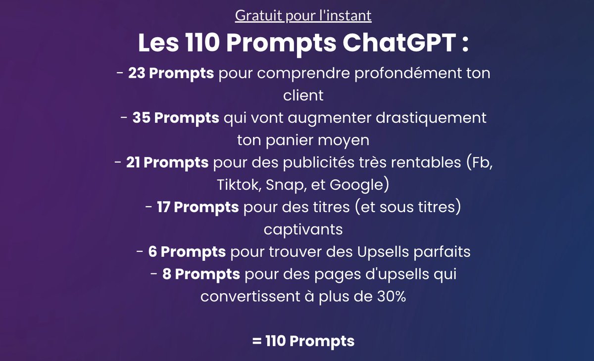 GrowthAI_'s tweet photo. J'ai passé 12 heures à faire cette liste (même plus je pense).

J'ai testé, re-testé, modifié, ... pour FINALEMENT créer 110 prompts ChatGPT ultra-optimisés.

La liste est offerte pour le moment.

RT + Commente "DM"

Je te l'envoie maintenant🎁 https://t.co/ceVrZFadPS