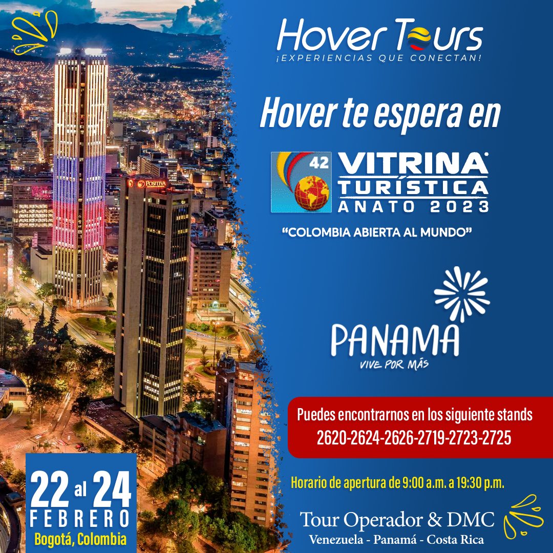 hovertours's tweet photo. Te esperamos en la Vitrina Turística ANATO 2023, el evento más importante del turismo en Colombia.

Ven a visitarnos del 22 al 24 de febrero en el Centro Internacional de Negocios y Exposiciones en  los espacios de "Live for More Panama". 
.
.
.
#turismo #agenciadeviajes #anato https://t.co/23WhE7b3m8