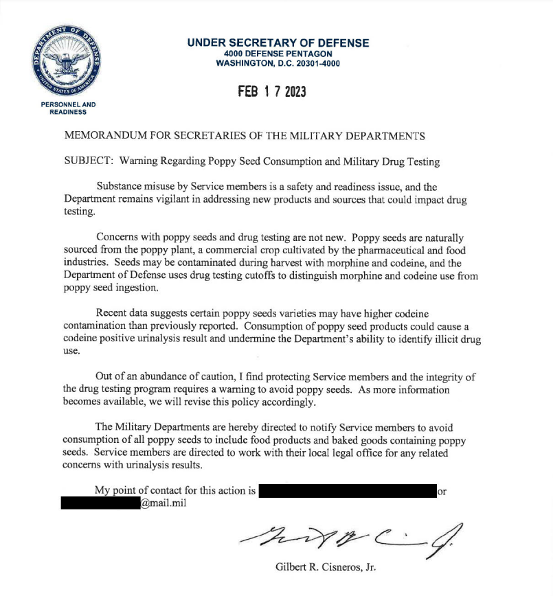 adegrandpre's tweet photo. Inbox: The Pentagon is warning US military personnel to avoid eating poppy seeds, saying "recent data" indicates some varieties could result in a "codeine positive" drug test. Here's the memo: https://t.co/2At2K4iFkv