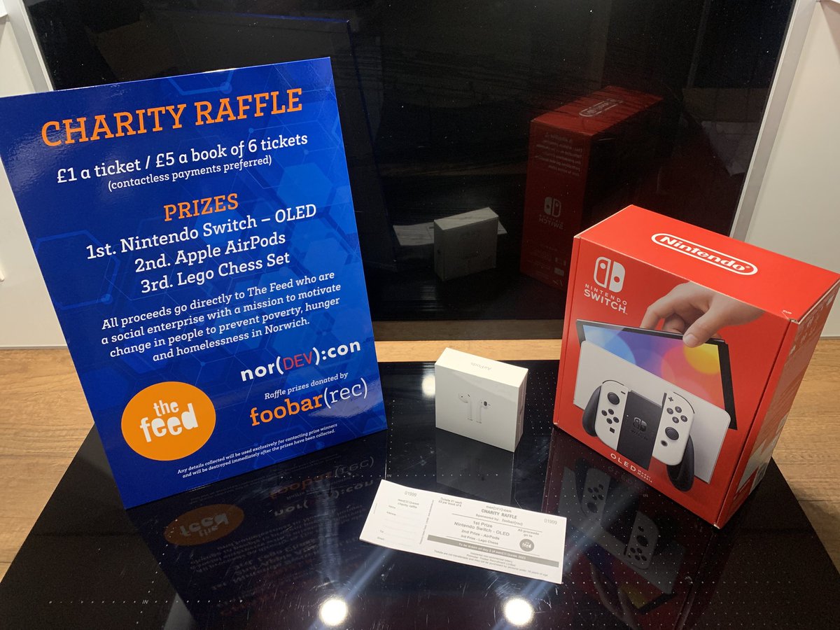 NorfolkDev's tweet photo. Our sponsor Foobar Recruitment kindly organised a raffle for #NorDevCon23, with all proceeds going to @TheFeedNorwich 😍!!

🥇 A Nintendo Switch
🥈 Apple AirPods
🥉 A LEGO™️ Chess Set

Raffle tickets will be available throughout conference, with the winners drawn 6pm on Friday! https://t.co/j8F2OgfcP0