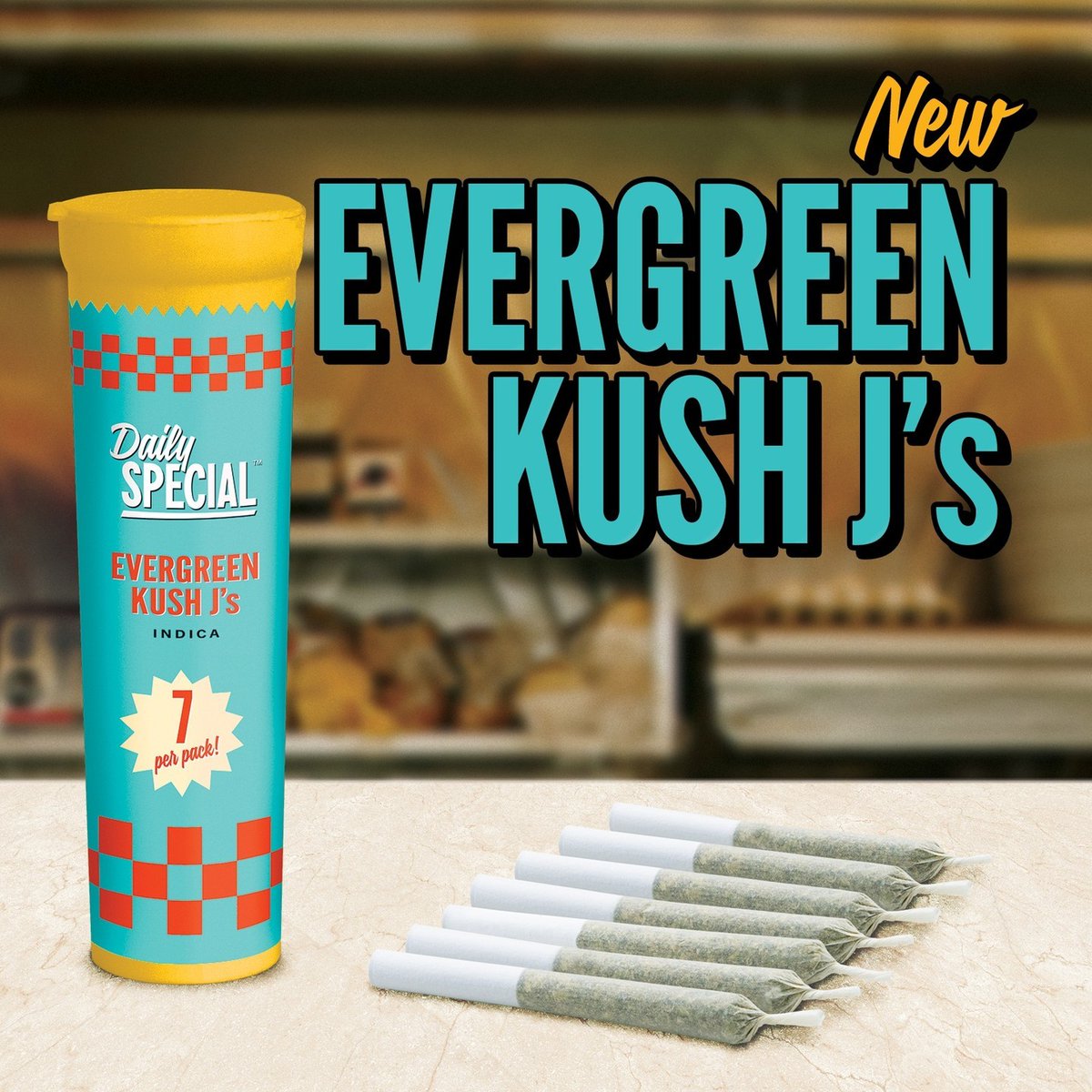 Introducing Evergreen Kush Js by Daily Special! A pack of high-THC pre-rolls, Evergreen Kush Js contains 7 pre-rolls per pack – for a fresh favourite every day of the week.