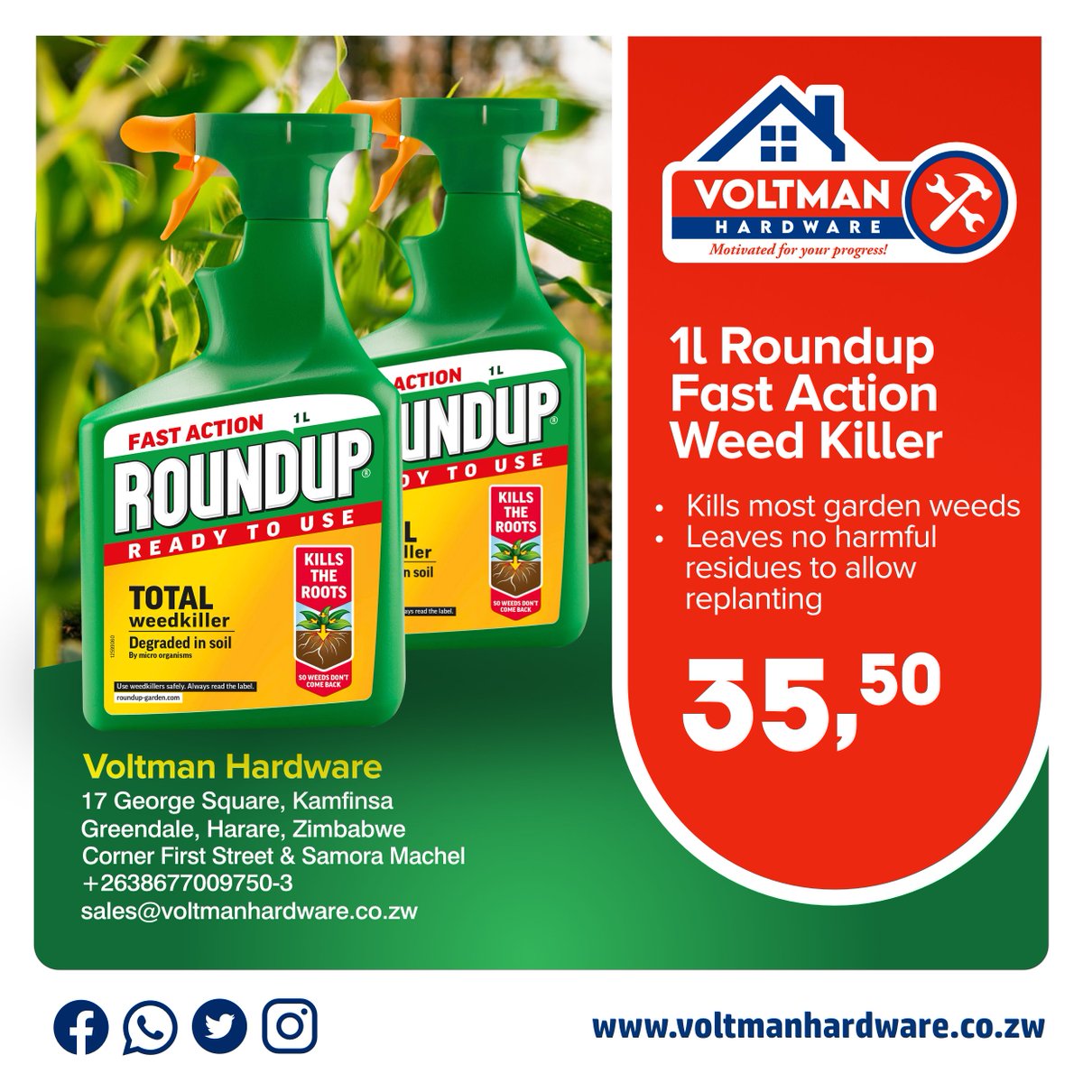 VoltmanHardware's tweet photo. Fast action ready to use weed killer that kills the weeds and roots with visible results in 1-2 days. Kills most garden weeds, driveways and the pavers. Simply spray RoundUp weed Killer and sweep the weeds away!. Available at Voltman Hardware.
#VoltmanHardware
#DIYGiant
#Hardware https://t.co/q5cPY3qKQO