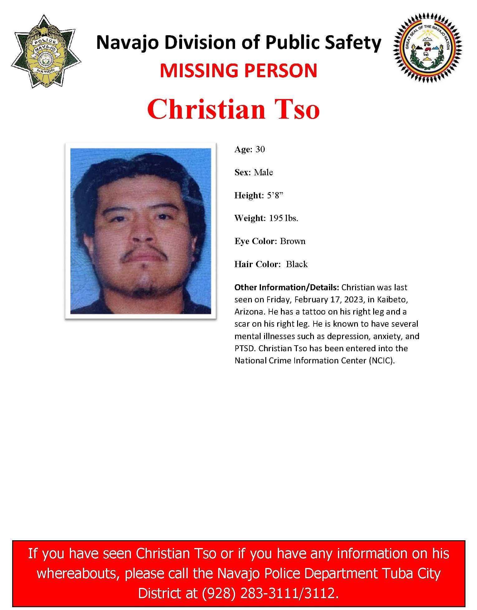 Navajo Police Department on Twitter "MISSING PERSON ALERT TUBA CITY DISTRICT CHRISTIAN TSO Age