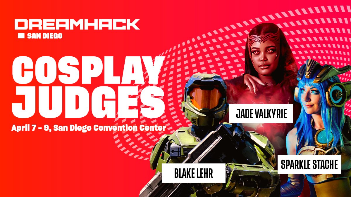 DreamHack's tweet image. Finish those seams, sand those edges, and get competition ready for our $3000 Cosplay Championship at #DHSAN23

Our judging panel with some new and veteran faces!

DHANA20 Judge @Sparkle_Stache returns!
DHANA20 Expert Champion Blake Lehr
And welcome @JadeValkyrie to @DHCosplay !