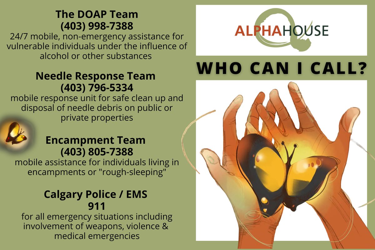 alphahouseyyc's tweet photo. It seems unlikely you will find any discarded needles out there today, Calgary BUT you may see a street-involved individual in need of one of the other supports we offer. Please refer to the following #s and call if you see someone needing to get out of this #yycweather #abstorm https://t.co/tmMYcKF899