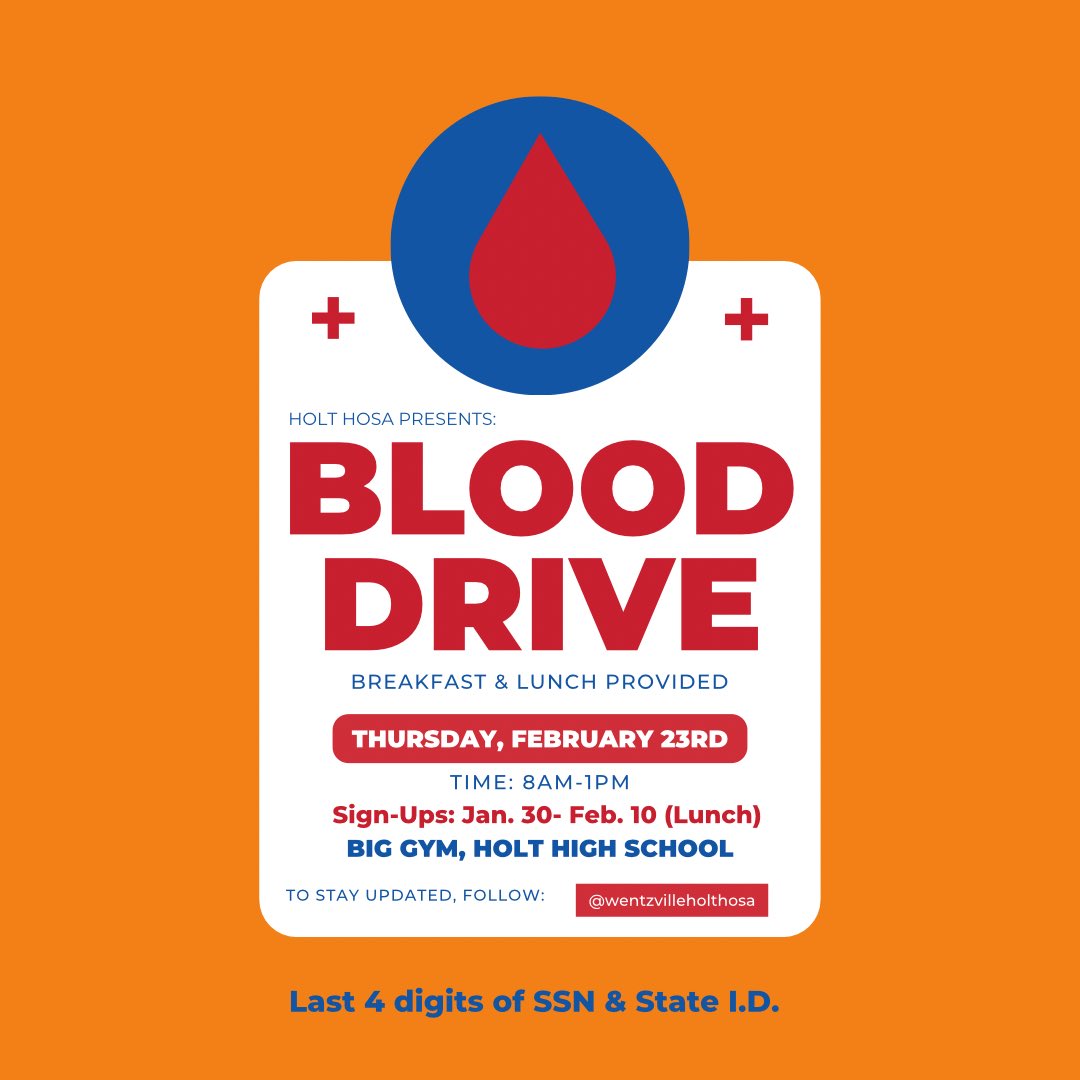 HoltHOSA's tweet photo. If you are donating you must provide a state I.D. and the last four digit of your social security number. Please be checking your emails! #hosa #blooddrive https://t.co/CfxQJpIaY2