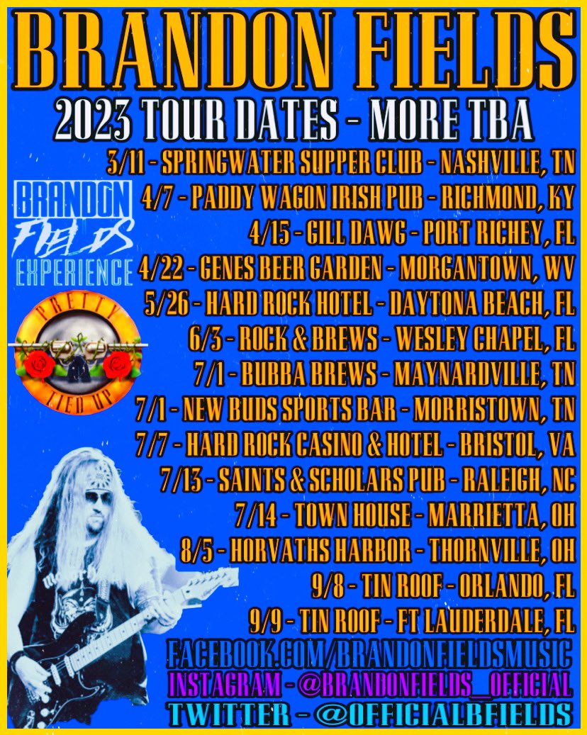 officialbfields's tweet photo. Dates announced in Tennessee, Kentucky, Virginia, West Virginia, Florida, North Carolina, and Ohio! Plenty more coming your way soon! If you’re close to a gig, come out and say hi!
#brandonfields #brandonfieldsexperience #prettytiedup #gunsnrosestribute #minefield #minefieldusa https://t.co/dZIQ6ou1EF