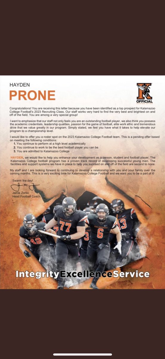 hayden_prone's tweet photo. Blessed to announce that I have received and offer from @KzooFootball Thanks @CoachKrajacic for this amazing opportunity! @Brucejo26064403 https://t.co/LqcqIy8aW5
