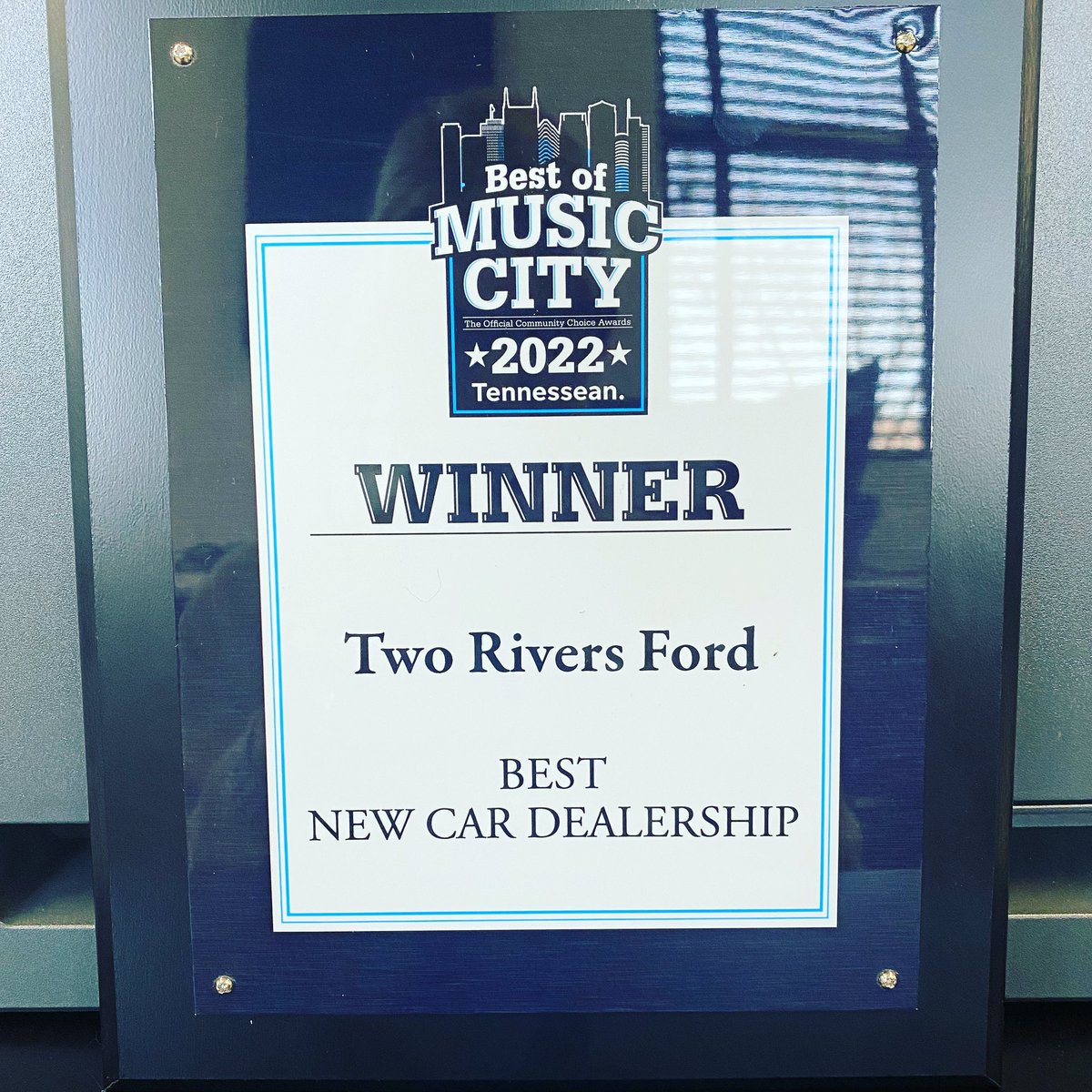 TwoRiversFord's tweet photo. Trying to figure out where to hang our new #BestofMusicCity plaque! Huge shout out to our customers and community for this one! https://t.co/ooSmSdtKBm