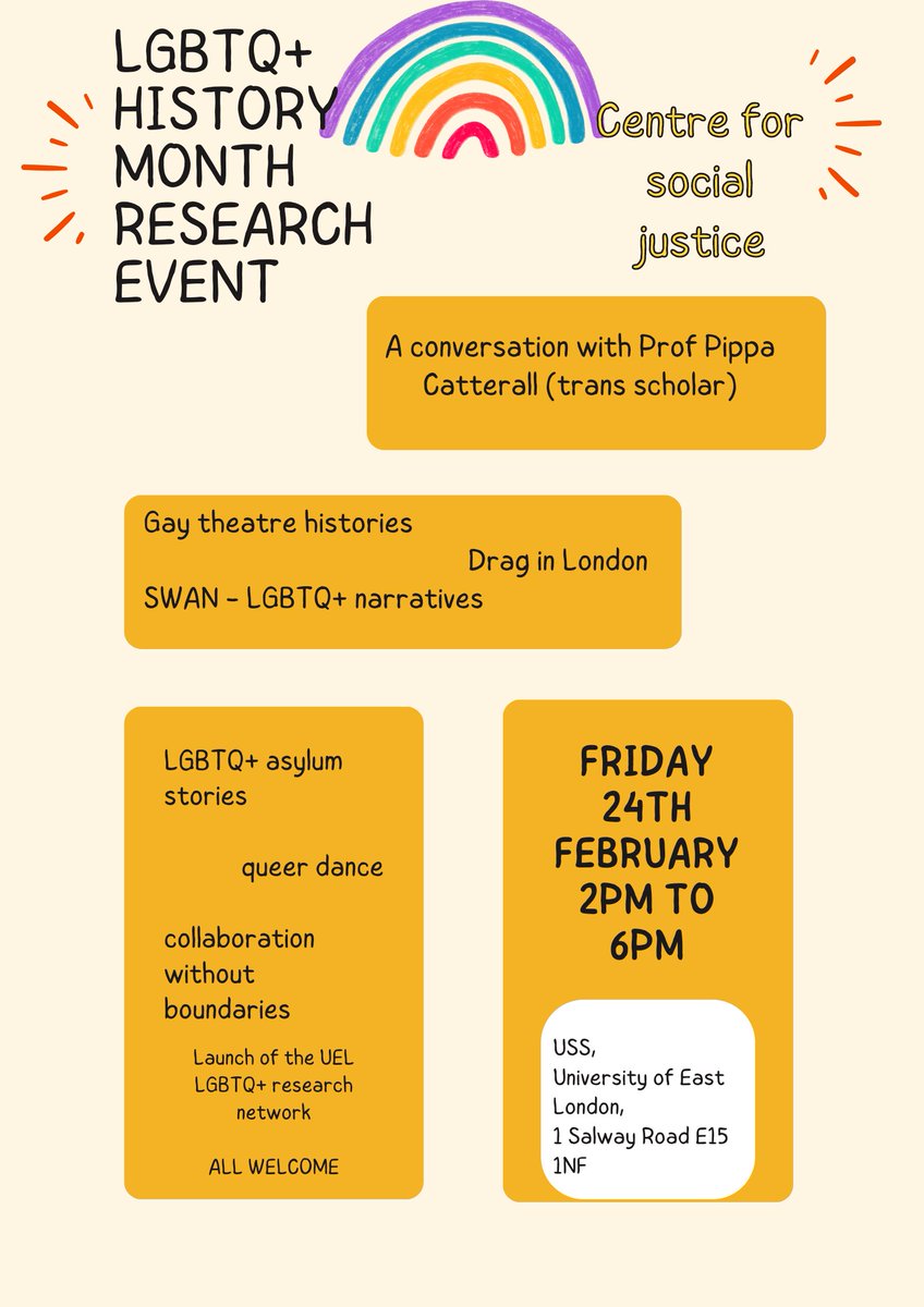 Friday 24th at #UEL #USS campus - I will share the findings of my MA creative research  “The meaning of home among LGBTQ + refugees” -  part of #LGBTQhistorymonth JOIN US!!!!