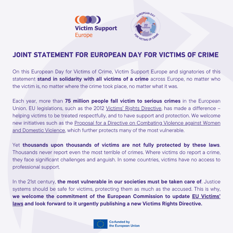 VictimSupportEU's tweet photo. ⚖️ We are kicking off the #safejustice campaign for the European Day for Victims of Crime with a powerful #JointStatement.
Download the PDF version here: https://t.co/lPJrfdxlkV
#22February #EUVictimsRightsDirective #EUVictimsRights #ShapingVictimSupportTogether https://t.co/KIBVWSfx9r
