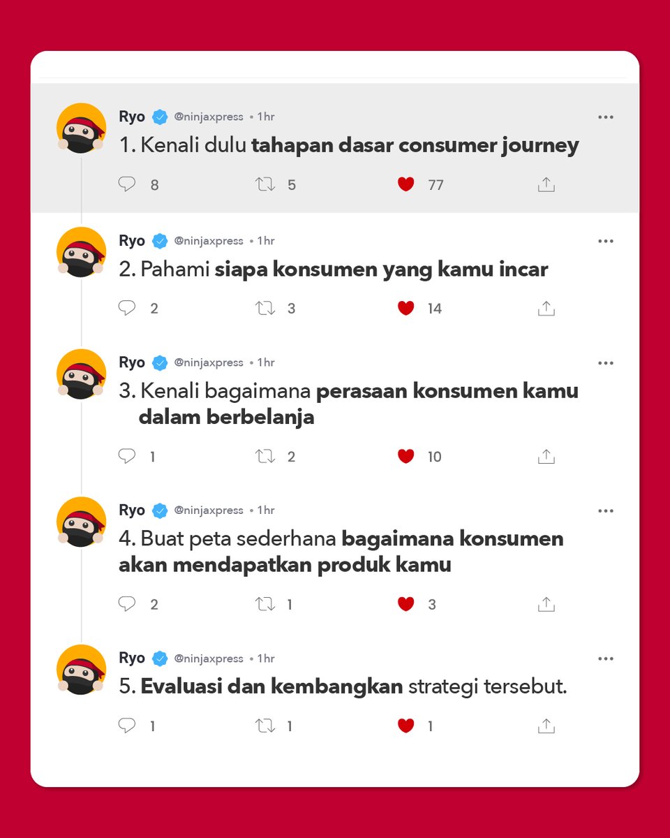 ninjaxpress_id's tweet photo. Strategi #consumerjourney yang tepat sangat penting untuk kesuksesan bisnis kita Teman Ninja!
Mau tau caranya? Cek sekarang di https://t.co/yzxazbhdru
#NinjaXpress #SiapBantuSampaiTujuan #BlogNinjaXpress #TipsBisnis #TipsBisnisOnline #StrategiBisnis #BisnisUMKM #UMKM https://t.co/614AcSj0rC