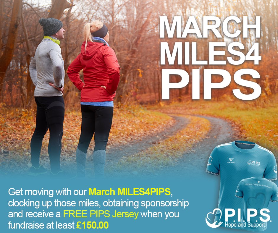 PIPS Hope & Support (@pipshopesupport) on Twitter photo ๐ฃ Get moving & join us this March with our virtual March MILES4PIPS ๐ฃ
Sign up for free & clock up those miles at a time and distance that suits you daily throughout March and receive a FREE PIPS Jersey when you fundraise at least ยฃ150.00
Sign up now at pipshopeandsupport.enthuse.com/cf/march-milesโฆ ๐ฃ Get moving & join us this March with our virtual March MILES4PIPS ๐ฃ
Sign up for free & clock up those miles at a time and distance that suits you daily throughout March and receive a FREE PIPS Jersey when you fundraise at least ยฃ150.00
Sign up now at pipshopeandsupport.enthuse.com/cf/march-milesโฆ