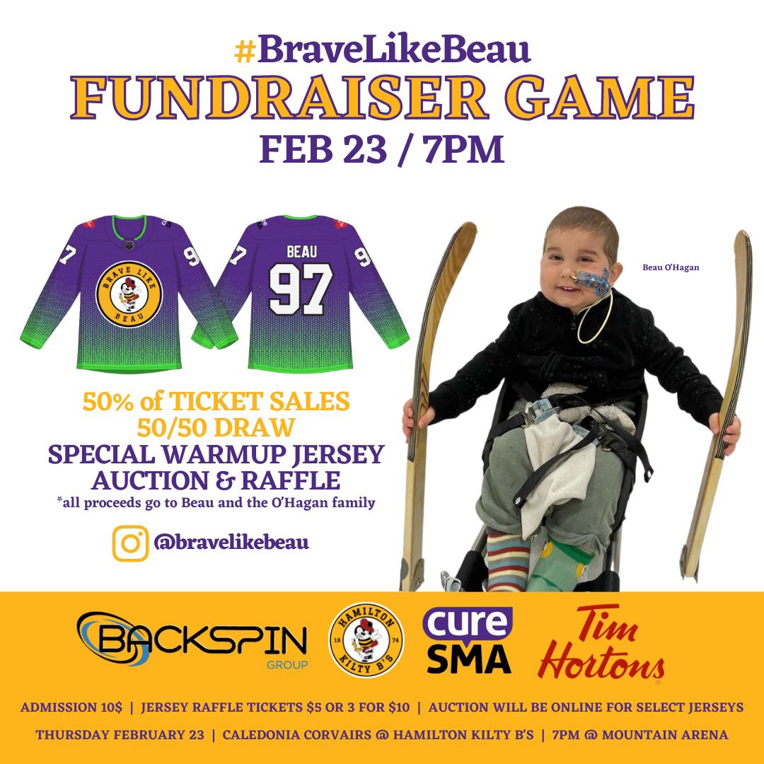 HamiltonJrSteel's tweet photo. Let’s show up big time for the O’Hagan family and this brave little Beau! 50% of ticket sales, the whole 50/50, and jersey raffle will all go to support this extremely expensive way of life for little Beau! Spread the word and pack the HIVE! https://t.co/Tf3UOkm2X2
