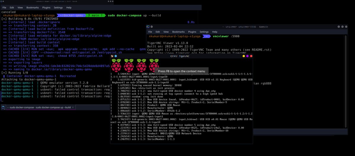 nkukard's tweet photo. Running a virtual Raspberry PI 3B ... but in a Docker container using the latest Qemu!

https://t.co/rDGJqVEck1

(not everyone has the latest Qemu installed that supports doing this, using a Docker container fixes that)

Enjoy!

#docker #raspberry #qemu #linux #virtualization https://t.co/mk999YGZDG