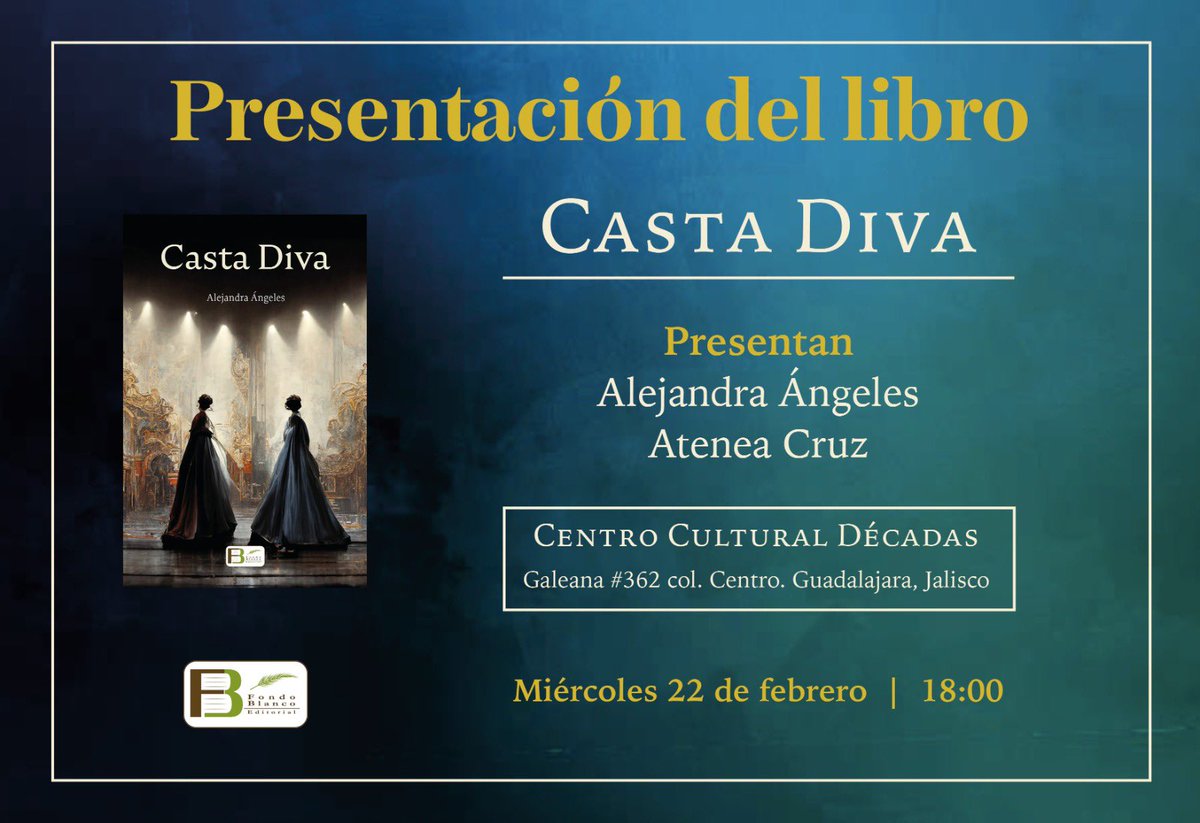 aleangelesd's tweet photo. Si están en Guadalajara los espero mañana en punto de las 18:00 horas en el Centro Cultural Décadas para hablar de “Casta Diva”, publicada por @EdFondoBlanco, junto a mi querida @ateneacruz Toda la información en el cartel. #novela #LibrosRecomendados #libros #narrativafantastica https://t.co/5MXLy9MSBV