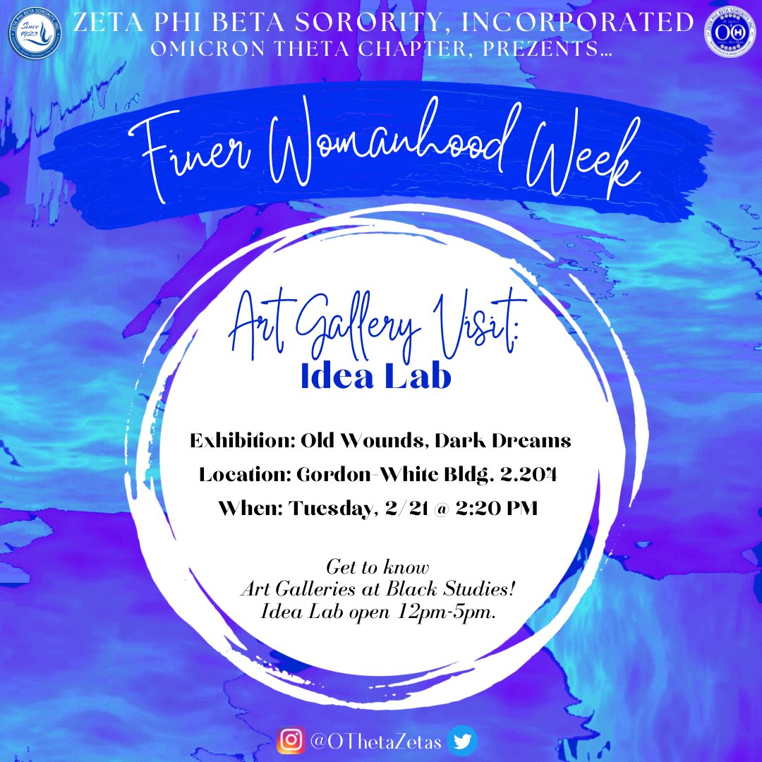 Texas Zetas ποΈπ (@othetazetas) on Twitter photo Visit βOld Wounds, Dark Dreamsβ at Idea Lab anytime 12p-5p today, take a pic and tag <a href="/OThetaZetas/">Texas Zetas ποΈπ</a> to enter a raffle for a Finer Womanhood surpriZe! πΈ
Meet @ 2:20p for a viewing & pic with the Finer Women ποΈ Visit βOld Wounds, Dark Dreamsβ at Idea Lab anytime 12p-5p today, take a pic and tag <a href="/OThetaZetas/">Texas Zetas ποΈπ</a> to enter a raffle for a Finer Womanhood surpriZe! πΈ
Meet @ 2:20p for a viewing & pic with the Finer Women ποΈ