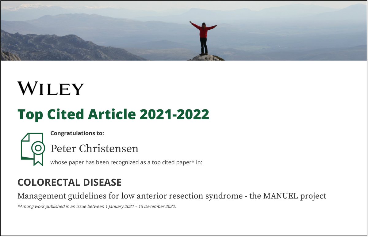 Proud to have recieved the achievement #TopCitedArticels on behalf of the MANUEL collaborative. Time to act for the benefit of patients with #LARS <a href="/eloiespin/">Eloy Espín</a> @KarenNugenTG <a href="/GianlucaPellino/">Gianluca Pellino</a> <a href="/Neil_J_Smart/">Neil Smart</a> <a href="/nlavellaneda/">Nicolas Avellaneda</a> @AuHsurgery <a href="/buchard_n/">Charlotte Buchard Nørager</a> <a href="/LeneHjerrild/">Lene Hjerrild Iversen</a> 
onlinelibrary.wiley.com/doi/full/10.11…