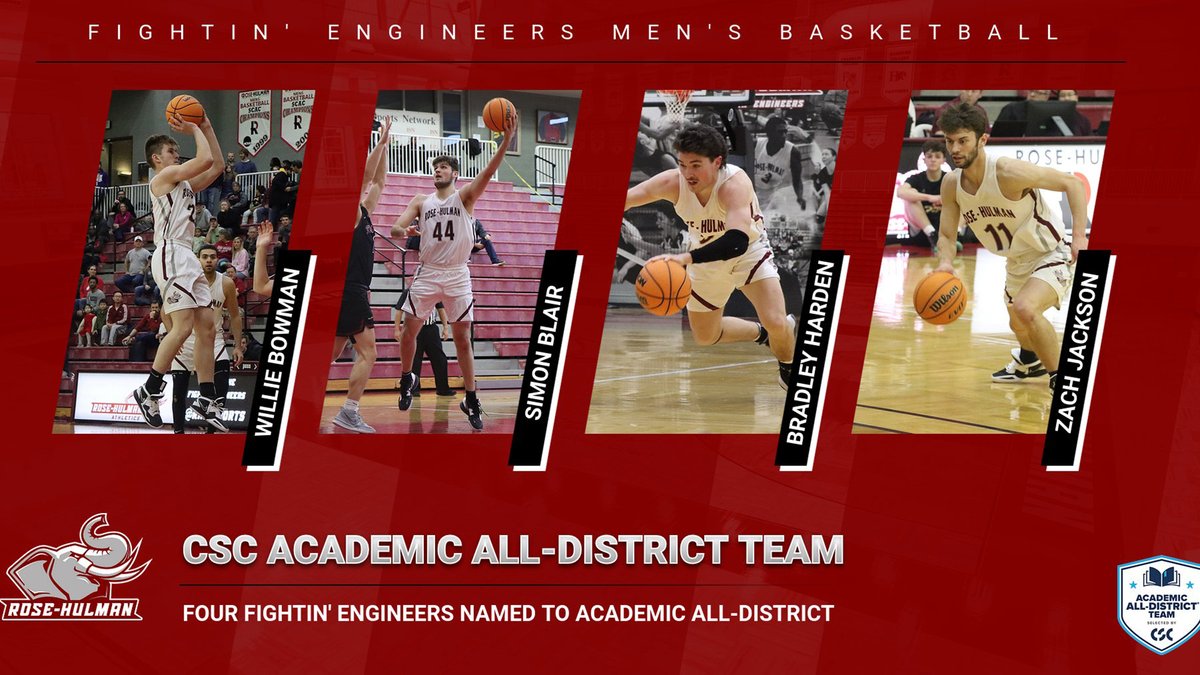 MEN'S BASKETBALL: Four Fightin' Engineers have been named to the 2023 CSC Academic All-District Team. Willie Bowman, Simon Blair, Bradley Harden, and Zachary Jackson earn the honors for this season. Rose-Hulman takes on Manchester on Friday at 7 PM in the HCAC Semifinals. #GoRose