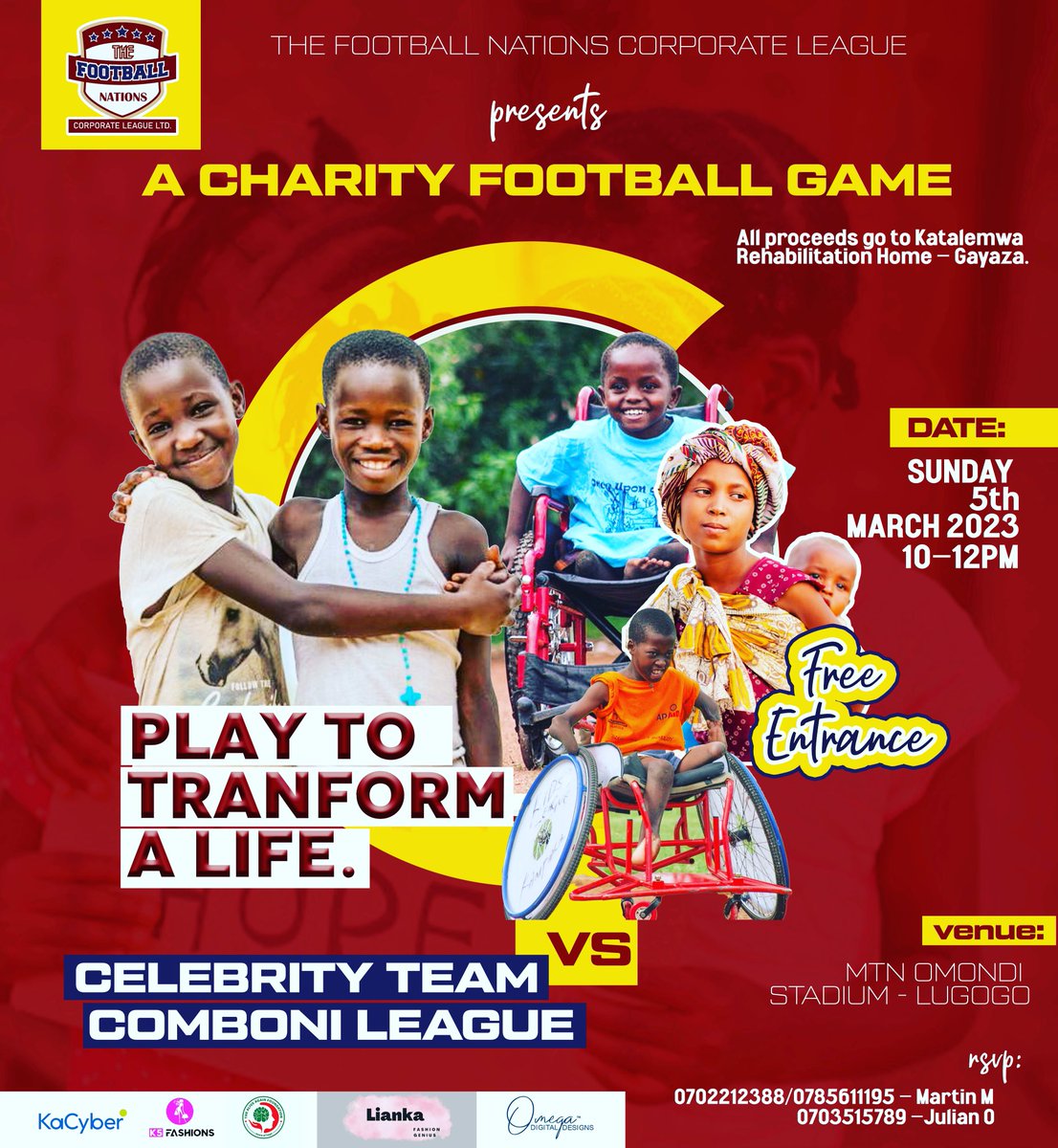 Thefootball256's tweet image. Please come to MTN Omondi Stadium 🏟 on 5th March at 10am for a charity football game btw our celebrities & @TheComboni . The Main intention of the game is to gather home basic needs for our kids living with disabilities @KCHuganda !
Come & let’s make an impactful change ❤️🙏