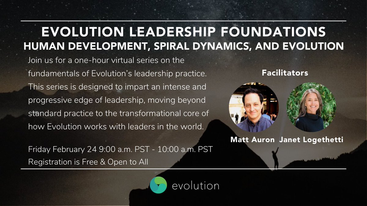 Evolution (@evolutionsvc) on Twitter photo Join us this Friday for our next session on the fundamentals of Evolution’s leadership practice!
Managing Director <a href="/mattauron/">Matt Auron</a> and Principal Managing Partner Janet Logothetti will discuss Human Development, Spiral Dynamics, and Evolution.
Learn More:
evolution.team/evolution-lead… Join us this Friday for our next session on the fundamentals of Evolution’s leadership practice!
Managing Director <a href="/mattauron/">Matt Auron</a> and Principal Managing Partner Janet Logothetti will discuss Human Development, Spiral Dynamics, and Evolution.
Learn More:
evolution.team/evolution-lead…