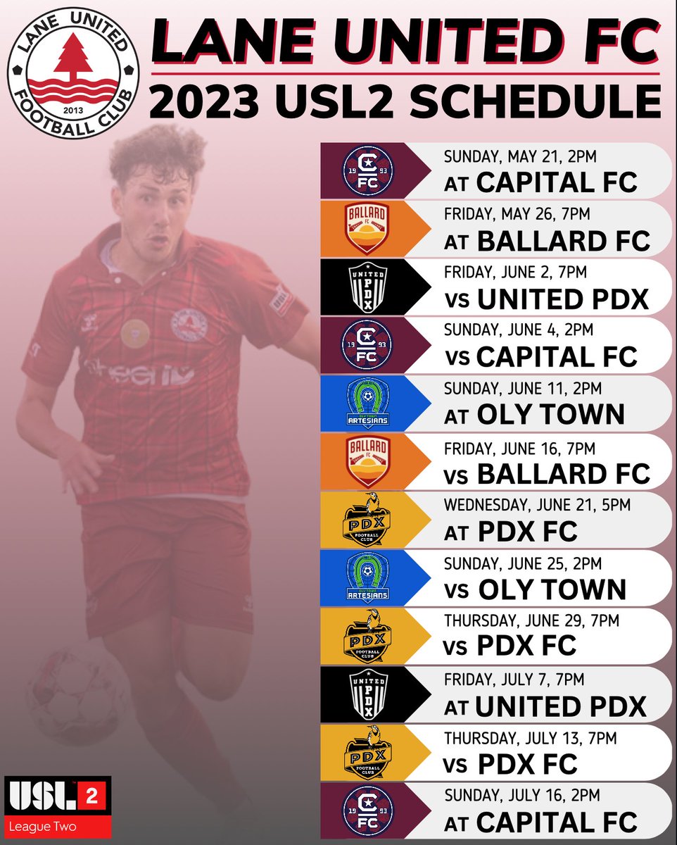 LaneUnitedFC's tweet photo. 🚨 The wait is over! Lane United FC's @USLLeagueTwo schedule is officially here. We look forward to seeing you all back cheering on the Reds this season! 💪 

#WATR #usl2 #path2pro #uslleaguetwo https://t.co/JYN9bvJku3