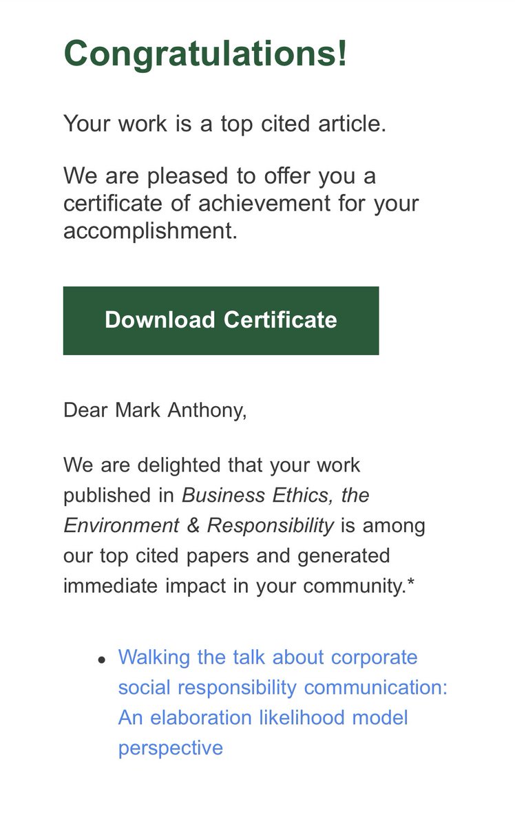 MarkCamilleri's tweet photo. I'm very pleased with this token of appreciation from Wiley's Business Ethics, the Environment and Responsibility.
My paper on CSR communication is one of the most cited publications :)
https://t.co/UHKbLZVhVf #CSR #CSRcomm #CSRresearch #CSRREPORTING #ElaborationLikelihoodModel https://t.co/ml9LzrnFDP