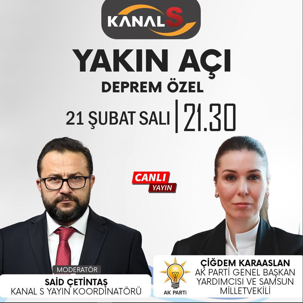Bu akşam saat 21.30’da <a href="/SamsunKanalS/">Samsun Kanal S</a> ekranlarında “Yakın Açı-Deprem Özel” programında Sn. <a href="/saidcetintas/">s𝐚𝐢𝐝 ç𝐞𝐭𝐢𝐧𝐭𝐚ş</a>’ın sorularını yanıtlayacağım.
