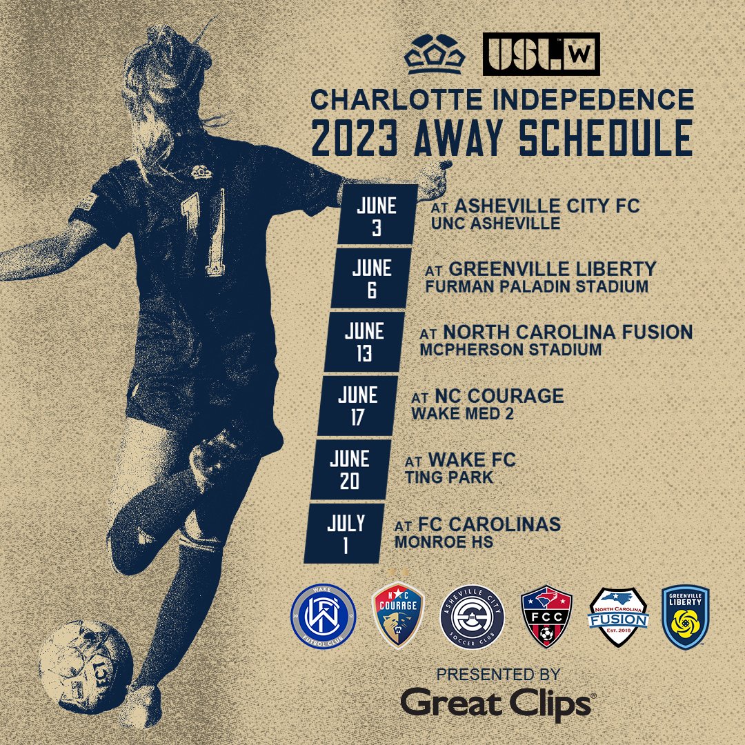 Your first look at our fixtures for 2023! 🗓

We’ve got 6 home games and 6 away games this summer against 6 South Atlantic Division opponents.

Mark your calendars and join us for our second season in the <a href="/USLWLeague/">USL W League</a>. Details: bit.ly/3ITai1P.

#WeAreCLT