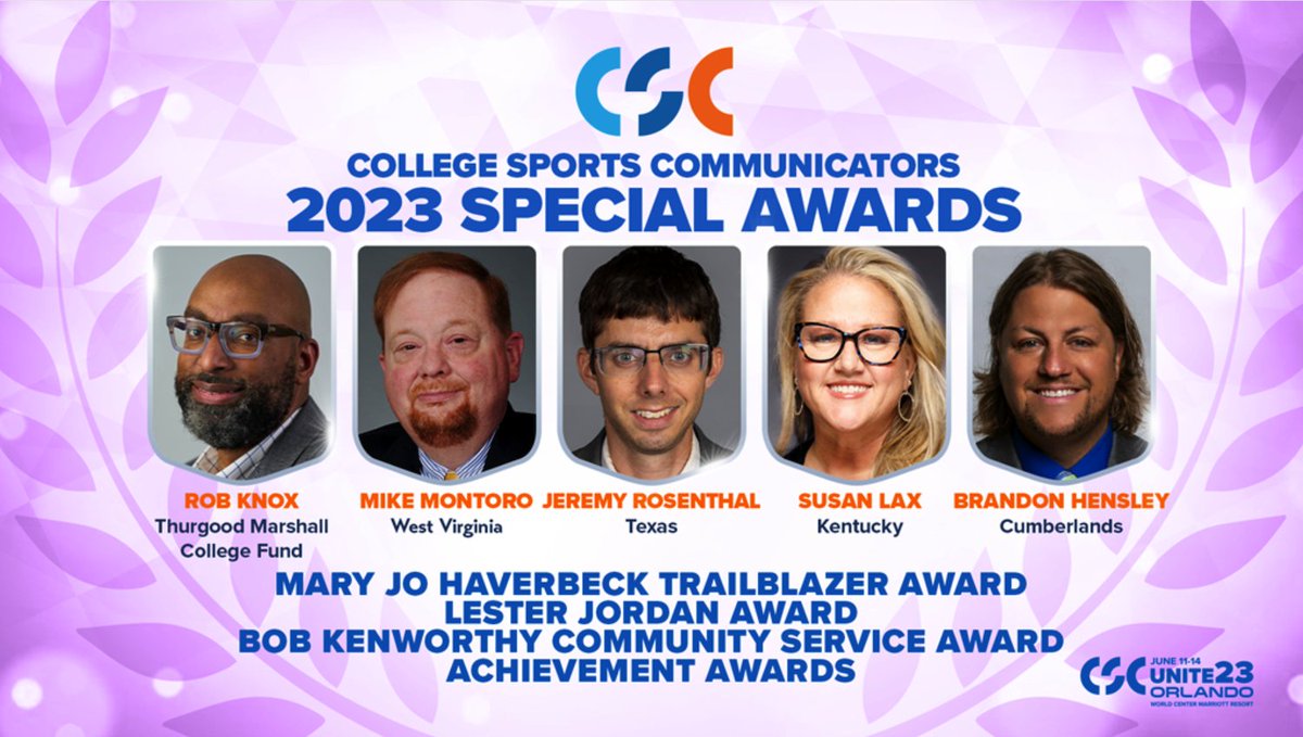 1/3 Saluting these CSC Special Awards recipients today! 
Trailblazer <a href="/tmcf_hbcu/">TMCF</a> <a href="/knoxrob1/">Rob from Chester, Pa</a> 
Achievement @ukathletics @ukfootball <a href="/slax0/">Slax</a> &amp; 
<a href="/UC_Patriots/">UC Athletics</a> <a href="/BH4Tweets/">BrandonHensleyTV🎥🎙</a>  
Kenworthy <a href="/TexasLonghorns/">Texas Longhorns</a> <a href="/jeremyrosenthal/">Jeremy Rosenthal</a>
Lester Jordan <a href="/WVUSports/">WVU Sports</a> <a href="/WVUfootball/">West Virginia Football</a> <a href="/reddubvu12/">Mike Montoro</a> bit.ly/3IL3gfs