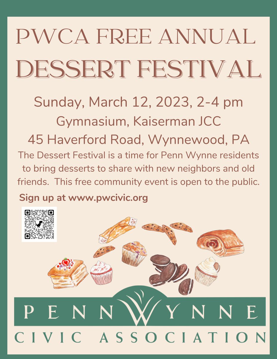 The PWCA Dessert Festival is a time for the Penn Wynne community to mix and mingle.  
Sign up for the March 12, 2023, 2-4 pm event at pwcivic.org.  It's free and fun for all ages.