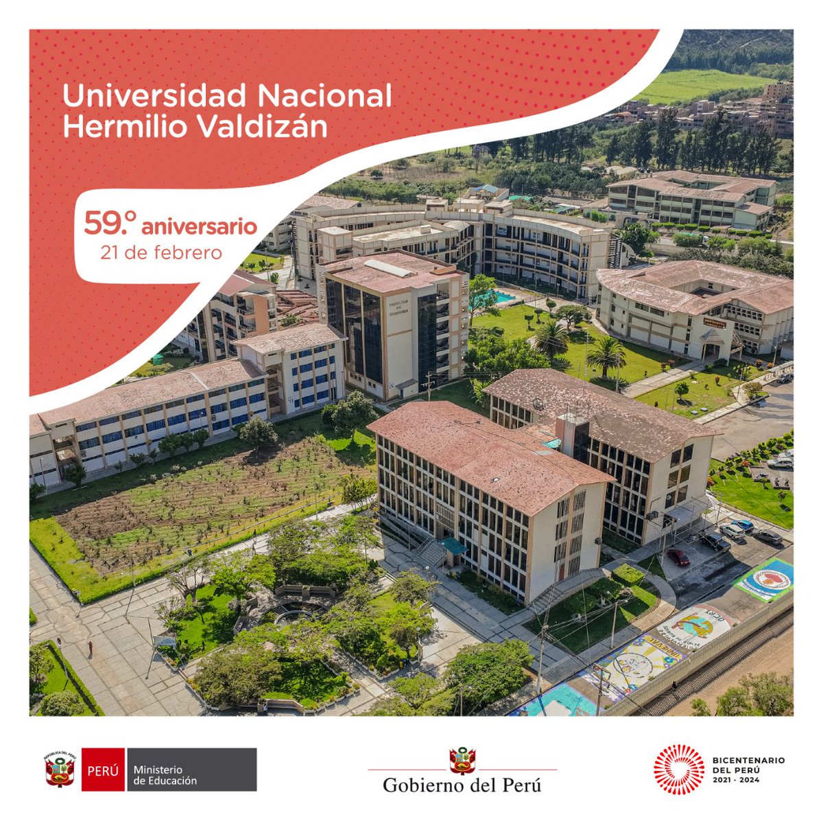 MineduPeru's tweet photo. #Aniversario | Saludamos a la Universidad Nacional Hermilio Valdizán por su 59.° aniversario.
#UNHEVAL https://t.co/RGD2351IND