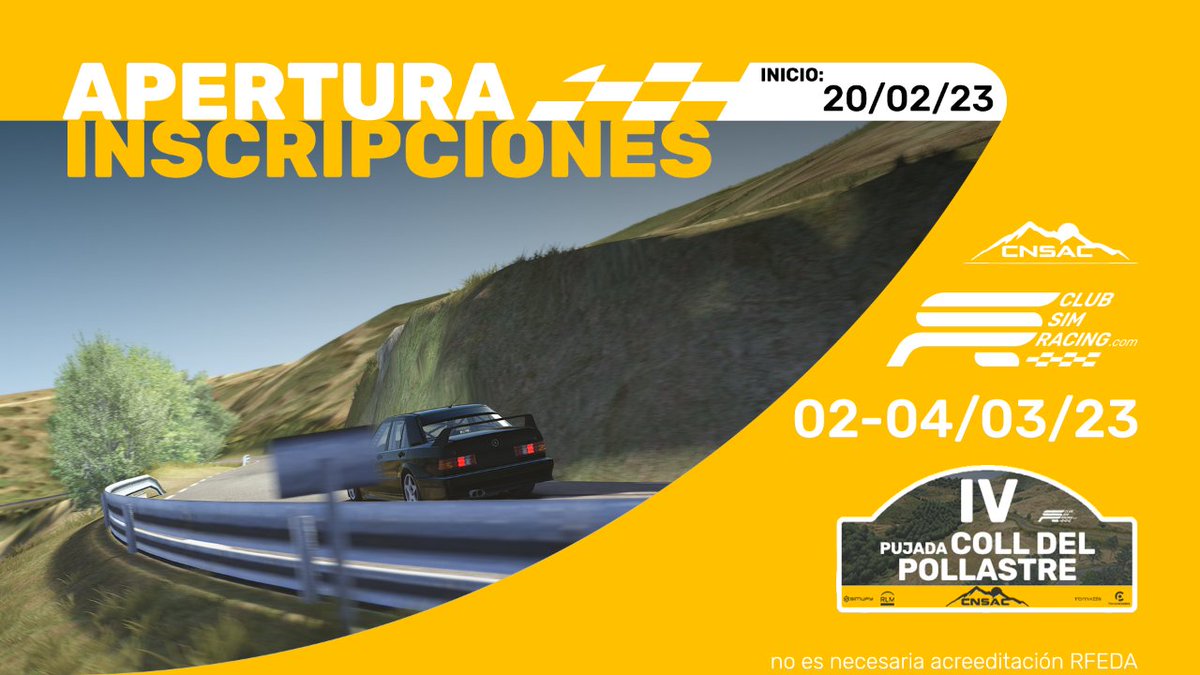 club_simracing's tweet photo. 📰 CNSAC | Evento 1

¡No te quedes fuera, superados los 100 inscritos en menos de 24h!
https://t.co/PMesCmd3b6 https://t.co/YUXqe9hMOK
