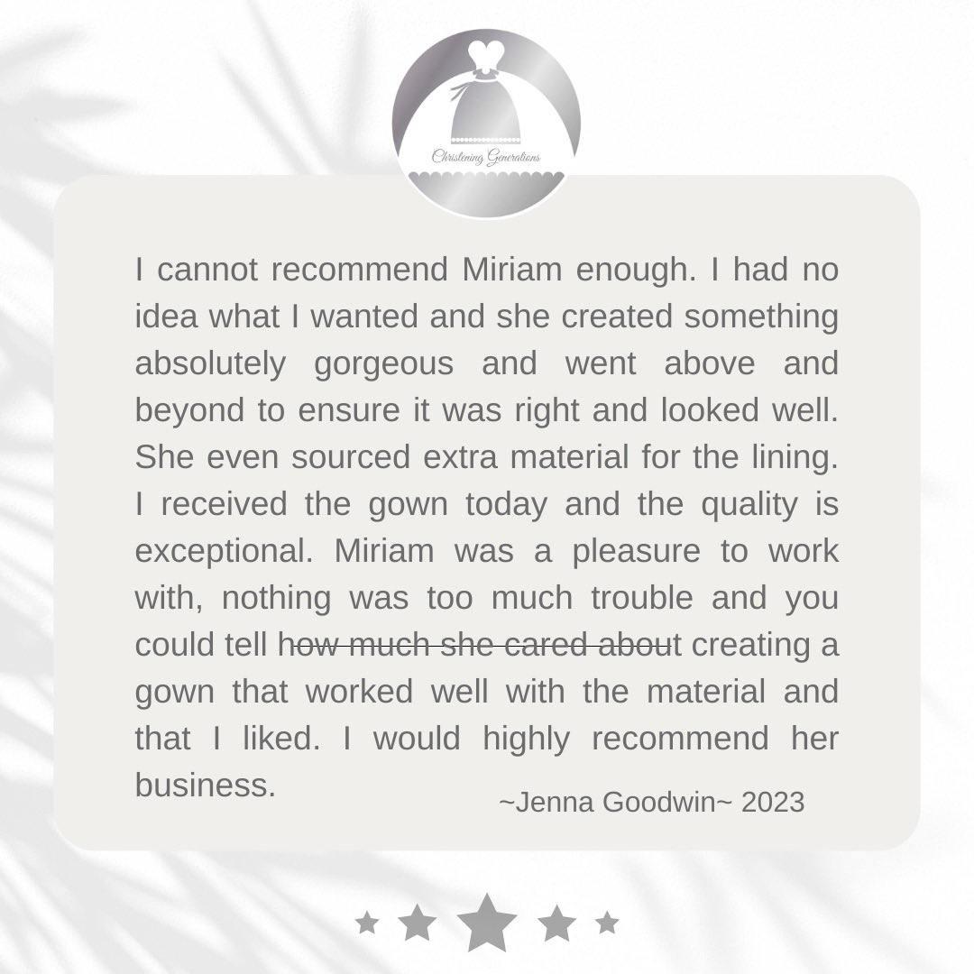 Another wonderful review. Thanks so much Jenna for the positive feedback. I really appreciate it 💛 #christeninggenerations #curatorofmemories #weddingdressredesign #heirloom #christeninggown #customerreview #customersatisfaction #customerfeedback #grateful #madeinireland #carlow