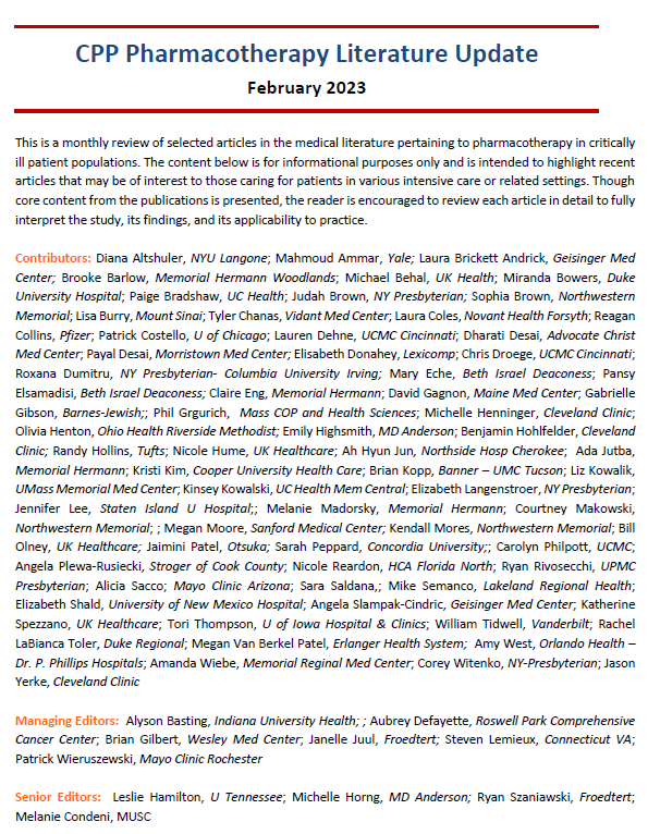 📰 The CPP Section’s February Pharmacotherapy Literature Update features 10 summaries of recent publications on topics including delirium, steroids, and nutrition. 

CPP members can access this through SCCM connect: loom.ly/ldHD7ZY

#PharmICU #CPPPLU
