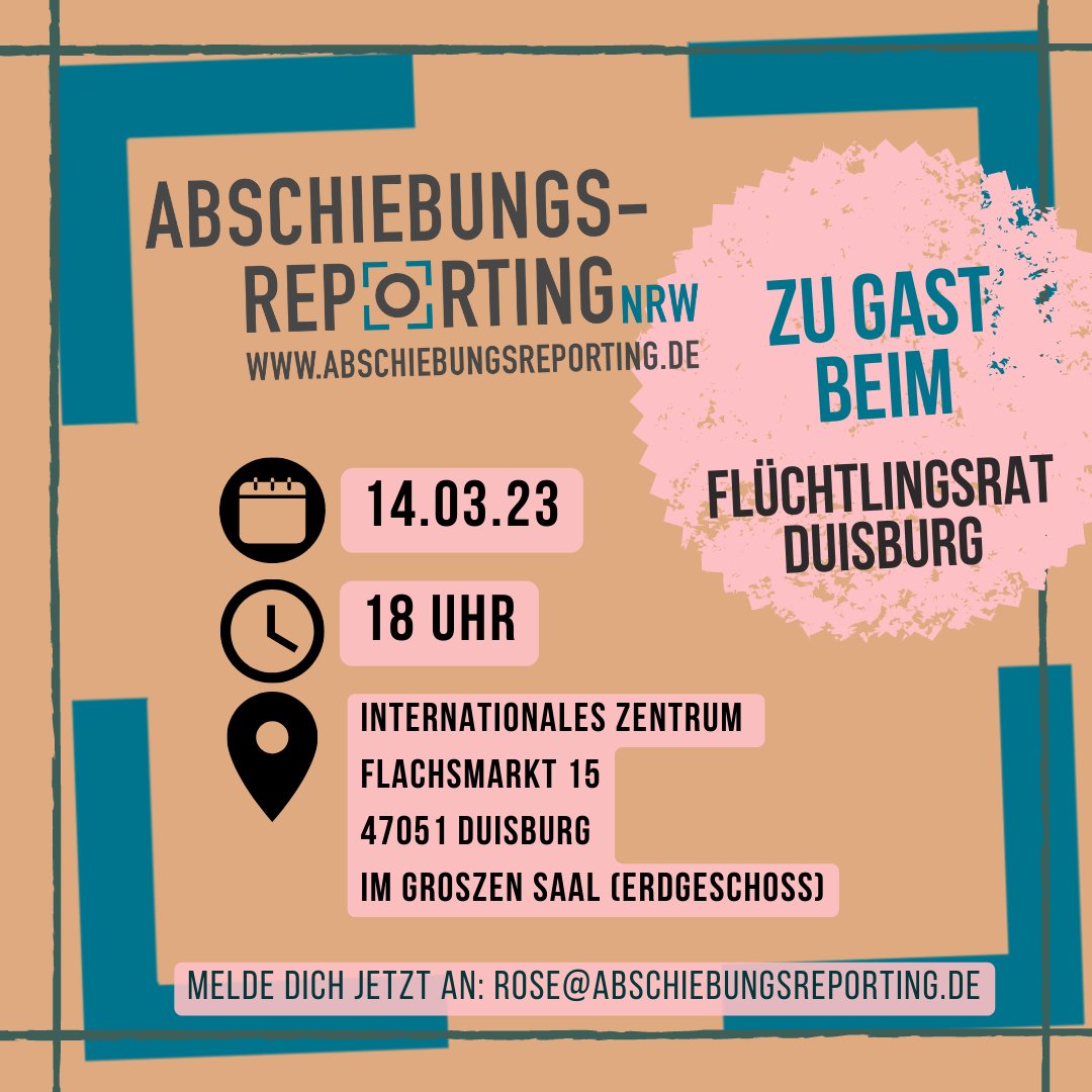 abschiebung_nrw's tweet photo. Wir kommen nach #Duisburg! Kommt vorbei, vernetzt euch, informiert euch über die alltägliche Abschiebungspraxis in #NRW! 

Um Anmeldung wird gebeten. 

 #AbschiebungsreportingNRW #Abschiebungen https://t.co/9uBfKyhhKn