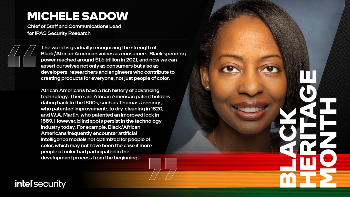 IntelSecurity's tweet photo. We interviewed @MicheleSadow for #BlackHeritageMonth to share her thoughts on amplifying Black/African American voices to solve tech blind spots. Check out her response! Thank you for your 9-year commitment to #Intel, Michele. #BHM #IntelSecurity https://t.co/QBpvCjFGGM
