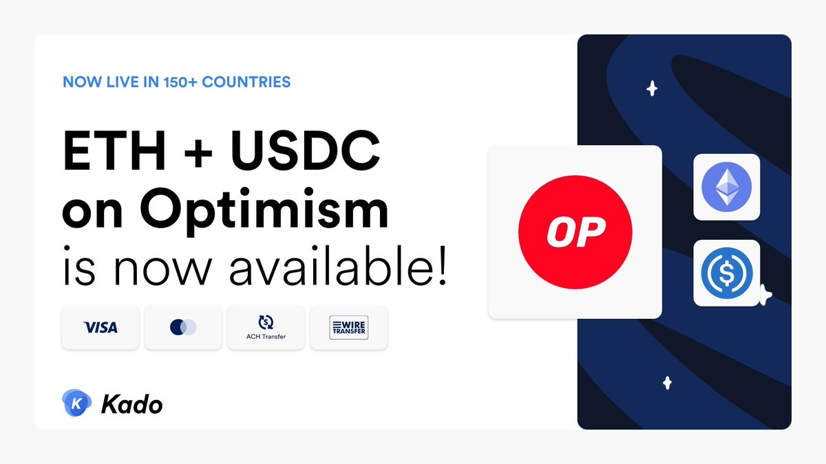 (✨🔴_🔴✨) Kado Ramp is live on @optimismFND! Users from 150+ countries across the 🌎 can now instantly buy $USDC and $ETH directly to their self-custody wallet on #Optimism. 👋 Builders looking to streamline onboarding directly into your app? 👉 app.kado.money/become-partner