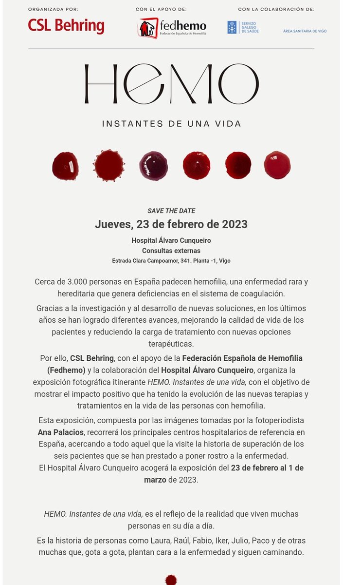 Agadhemo's tweet photo. 🤔RECORDATORIO
 
🗓️23 de febreiro (xoves)
🏥Hospital Álvaro Cunqueiro
⌚️11:00 AM

 📸Exposición #HEMOInstantesDeUnaVida

Proxecto de  @CSLBehring en colaboración co #Hospitalalvarocunqueiro e @fedhemo https://t.co/pqwMplCY5z