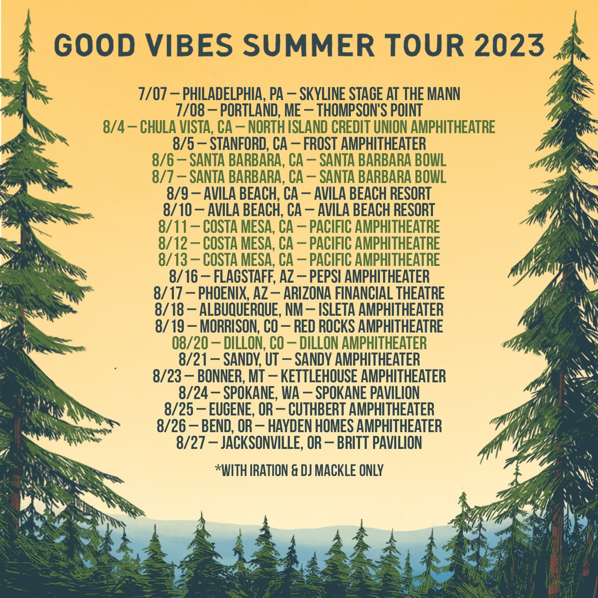 RebelutionMusic's tweet photo. NEW DATES ADDED 🌲 Tickets and merch bundles for our DE*, CA and CO shows go on sale tomorrow, 2/22 at 1pm ET!  #GVST 

*Tickets for Selbyville, DE will go on sale Thursday, February 23 at 9am ET https://t.co/URTHgVn3Z2