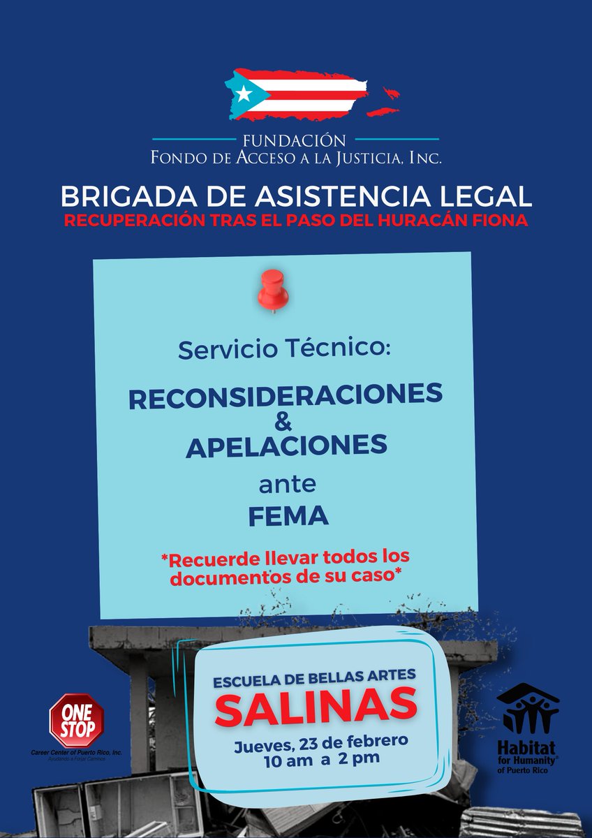 📍Escuela de Bellas Artes Ivania Zayas Ortiz, Salinas
Servicio Técnico: 
RECONSIDERACIONES &amp; APELACIONES ante FEMA
Jueves, 23 de febrero de 10am a 2pm