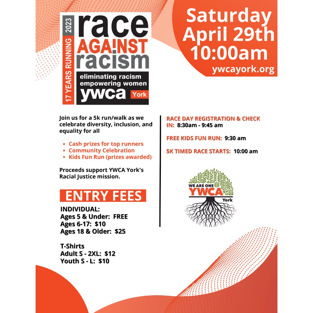 Join us for YWCA York's 17th Annual Race Against Racism on Saturday, April 29th 10am - 2pm! Click here to register: bit.ly/3XV6zVs