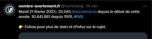 nombrelvg's tweet photo. Mardi 21 février 2023 : 32.045 personnes n'ont pas eu à subir une grossesse contre leur volonté.

Mais attention, peut-être que les anti #avortements annuleront les #ivg l'année prochaine, comme pour 2022.
https://t.co/0NYu5BnoGU
OUI à l'ivg libre, gratuite et pour tou-te-s. https://t.co/z8UP0d7wrg
