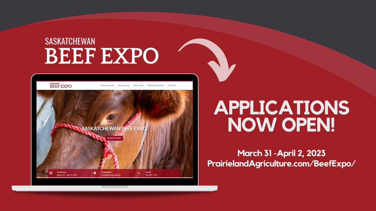 📣REGISTRATION for SASKATCHEWAN BEEF EXPO is now OPEN!

This program of special competitions and information sessions for #YouthInAg occurs March 31-April 2, 2023 at the Prairieland Ag Center in Saskatoon. 

Apply here👇
prairielandagriculture.com/beefexpo/

#ProudlyPrairieland #agriculture