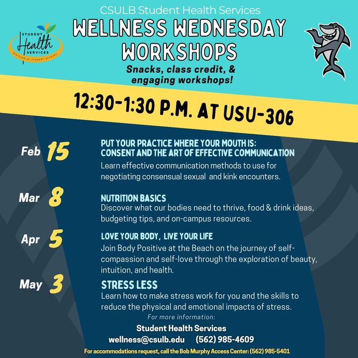 csulbwellness's tweet photo. π
MARK YOUR CALENDARS FOR OUR UPCOMING WELLNESS WEDNESDAY EVENT! π
On March 8th, discover what our bodies need to thrive, food & drink ideas, budgeting tips, and on-campus resources.
#gobeach #csulb #csulongbeach #nobarriers #csulbshs https://t.co/Ra43HNLup2
