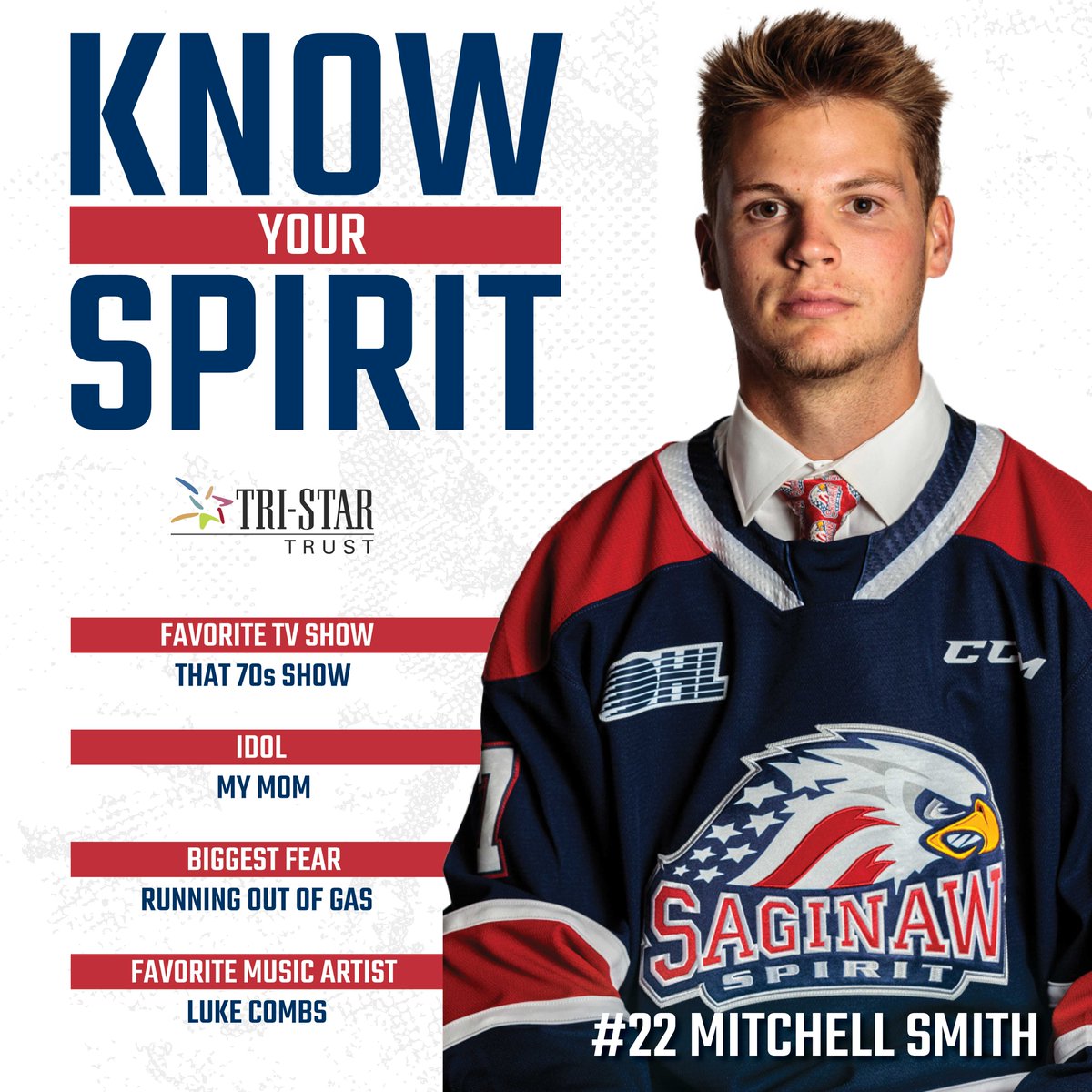 SpiritHockey's tweet photo. Get to know Spirit defenseman Mitchell Smith. 

Presented by Tri-Star Trust https://t.co/VcIOH38Kjl